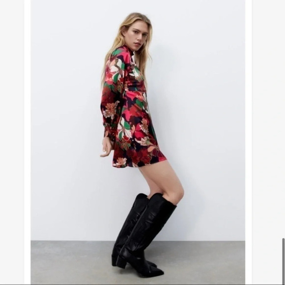 New Zara Floral Print Satin Effect Dress - Picture 4 of 16